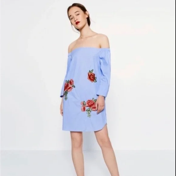 Zara Sky Blue White Stripe Off Shoulder Floral Rose Embroidery Poplin Mini Dress - Picture 2 of 7